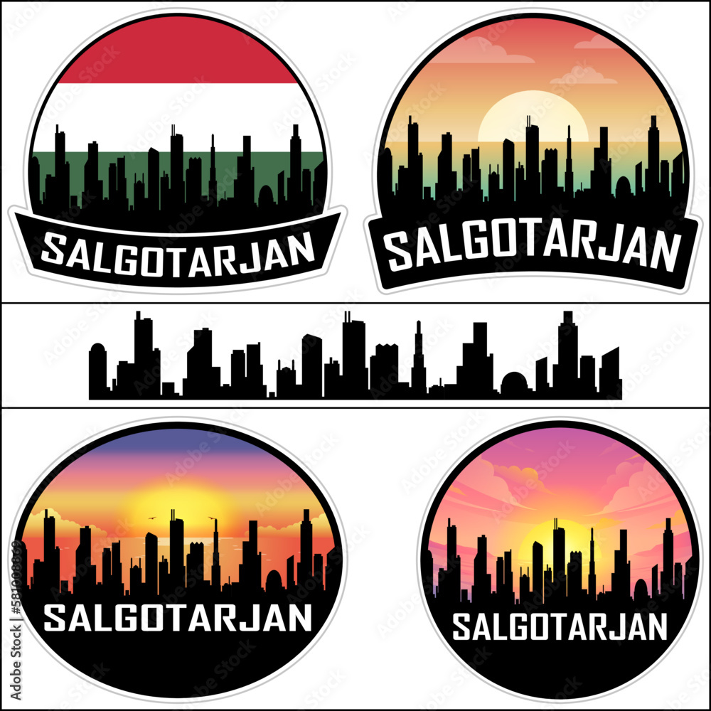 Salgotarjan Skyline Silhouette Hungary Flag Travel Souvenir Sticker Sunset Background Vector Illustration SVG EPS AI