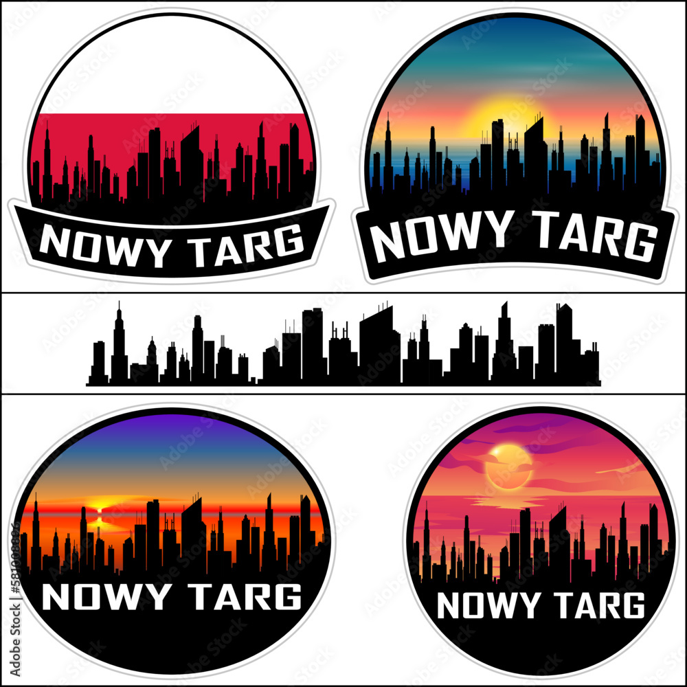 Nowy Targ Skyline Silhouette Poland Flag Travel Souvenir Sticker Sunset Background Vector Illustration SVG EPS AI