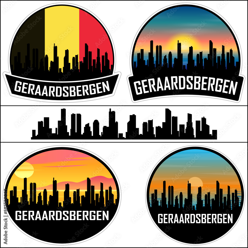 Geraardsbergen Skyline Silhouette Belgium Flag Travel Souvenir Sticker Sunset Background Vector Illustration SVG EPS AI