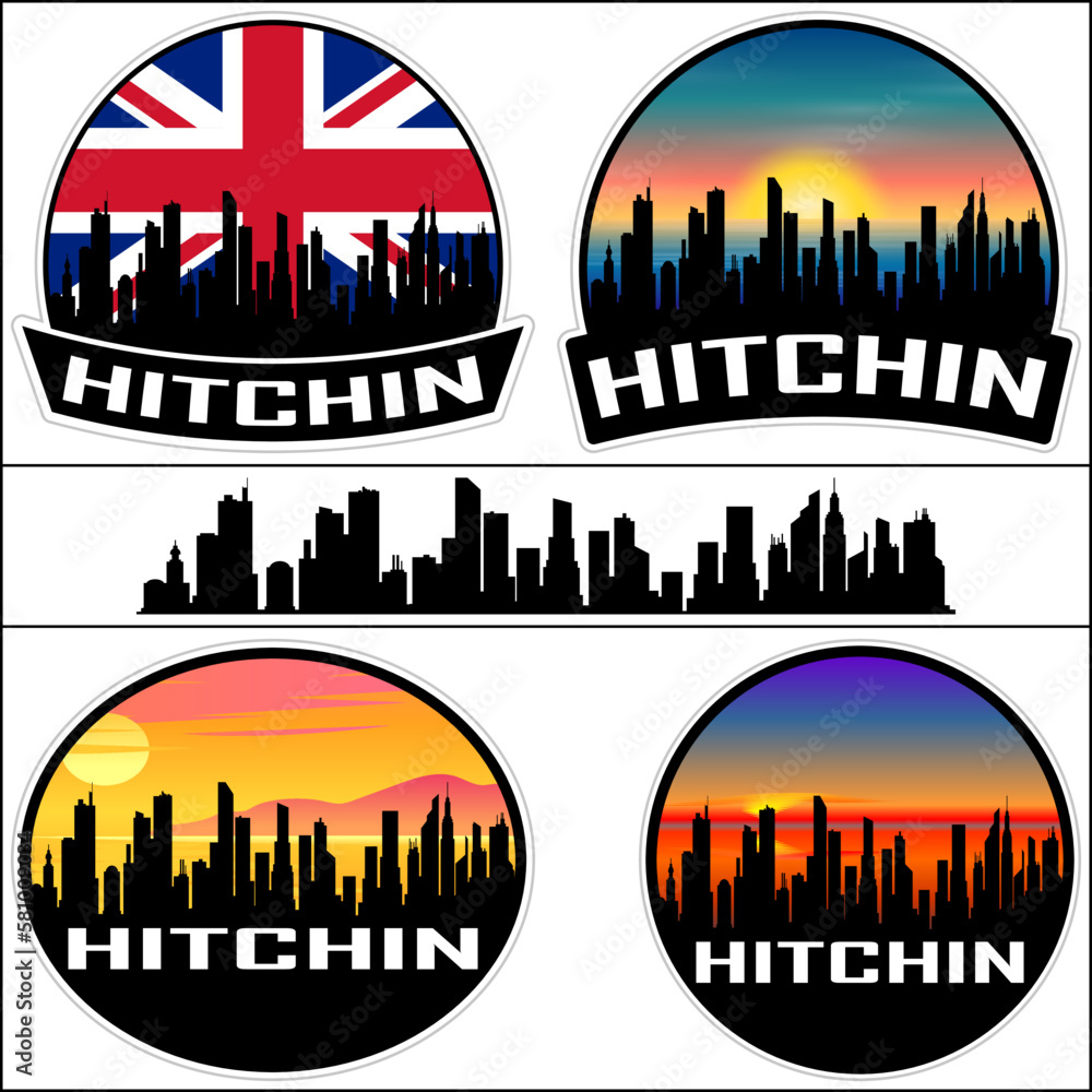 Hitchin Skyline Silhouette Uk Flag Travel Souvenir Sticker Sunset Background Vector Illustration SVG EPS AI