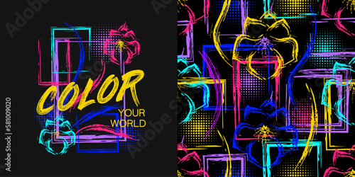 Set of seamless pattern, label with flowers, paint brush strokes of neon bright colors, halftone shapes, geometric shapes. Abstract grunge style for sports goods, prints, clothing, t shirt design