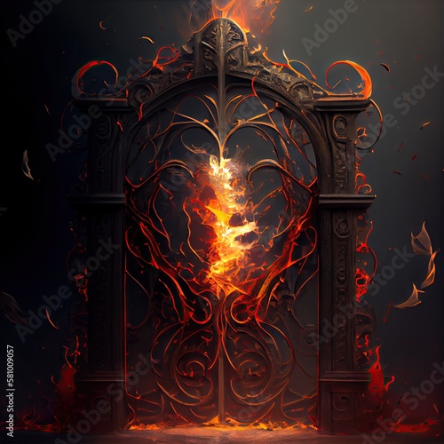 dangerous hellish gate with smoking edges and burning flames, created with generative ai photo