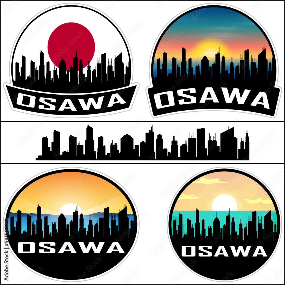 Osawa Skyline Silhouette Japan Flag Travel Souvenir Sticker Sunset Background Vector Illustration SVG EPS AI