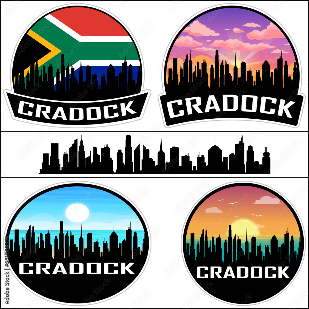 Cradock Skyline Silhouette South Africa Flag Travel Souvenir Sticker Sunset Background Vector Illustration SVG EPS AI