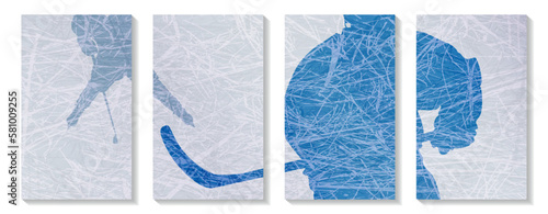 Children hockey players with stick and puck in the game. Wall sports art.