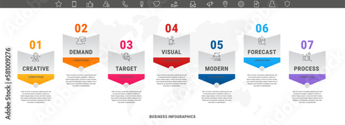Vector infographics with seven arrows. Business concept graphic process template with 7 steps. Graphic timeline for app, website, interface, chart, levels, web, diagram, banner, presentations