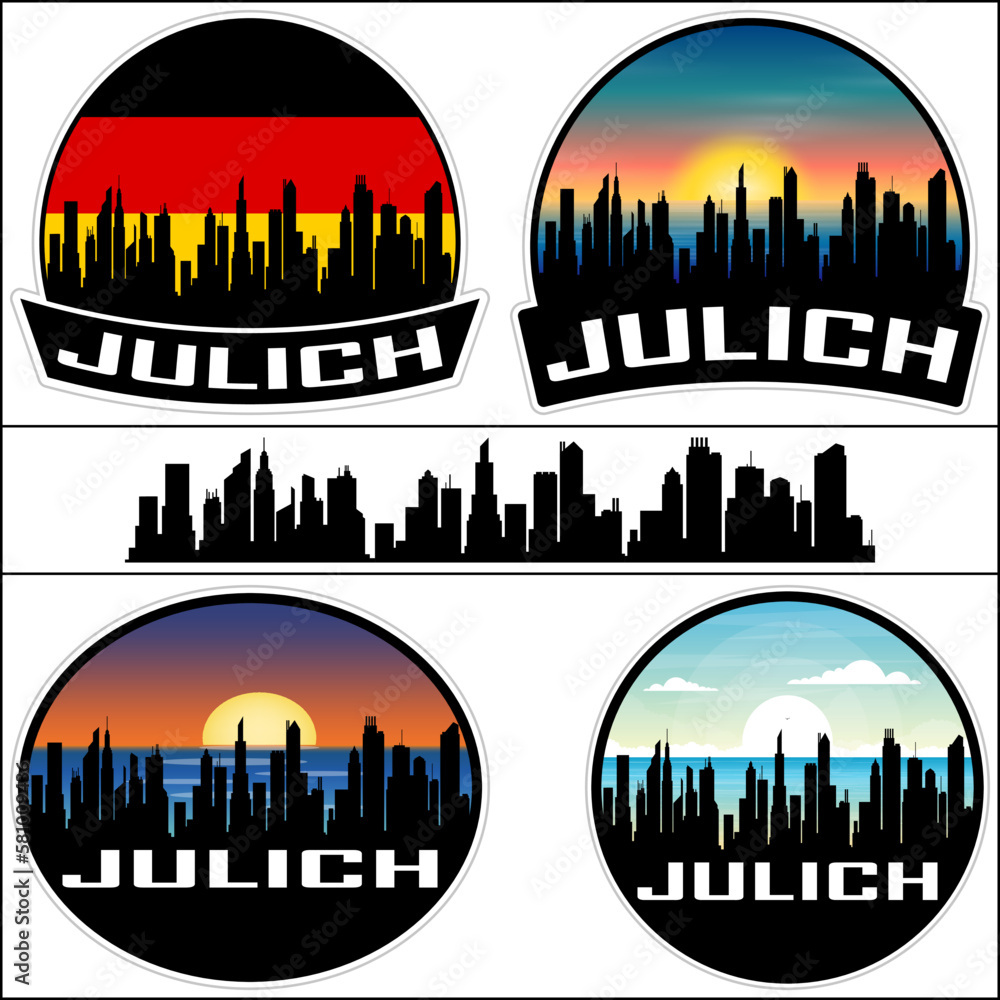 Julich Skyline Silhouette Germany Flag Travel Souvenir Sticker Sunset Background Vector Illustration SVG EPS AI