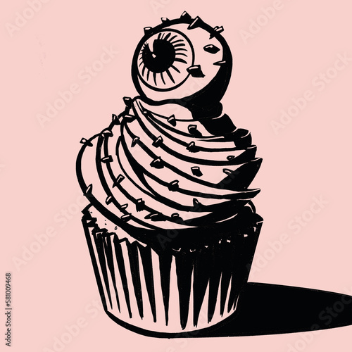 Ink Brush illustration of an eyeball on top of a cupcake