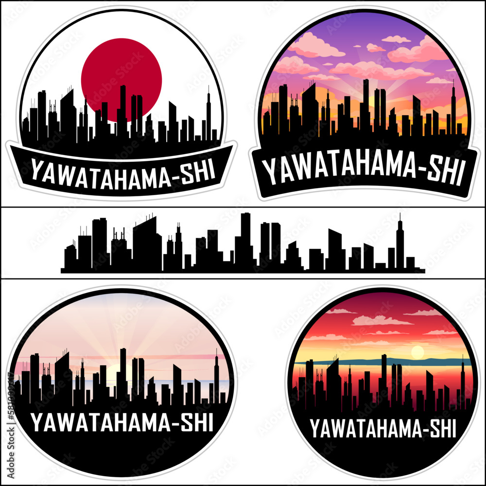 Yawatahama shi Skyline Silhouette Japan Flag Travel Souvenir Sticker Sunset Background Vector Illustration SVG EPS AI