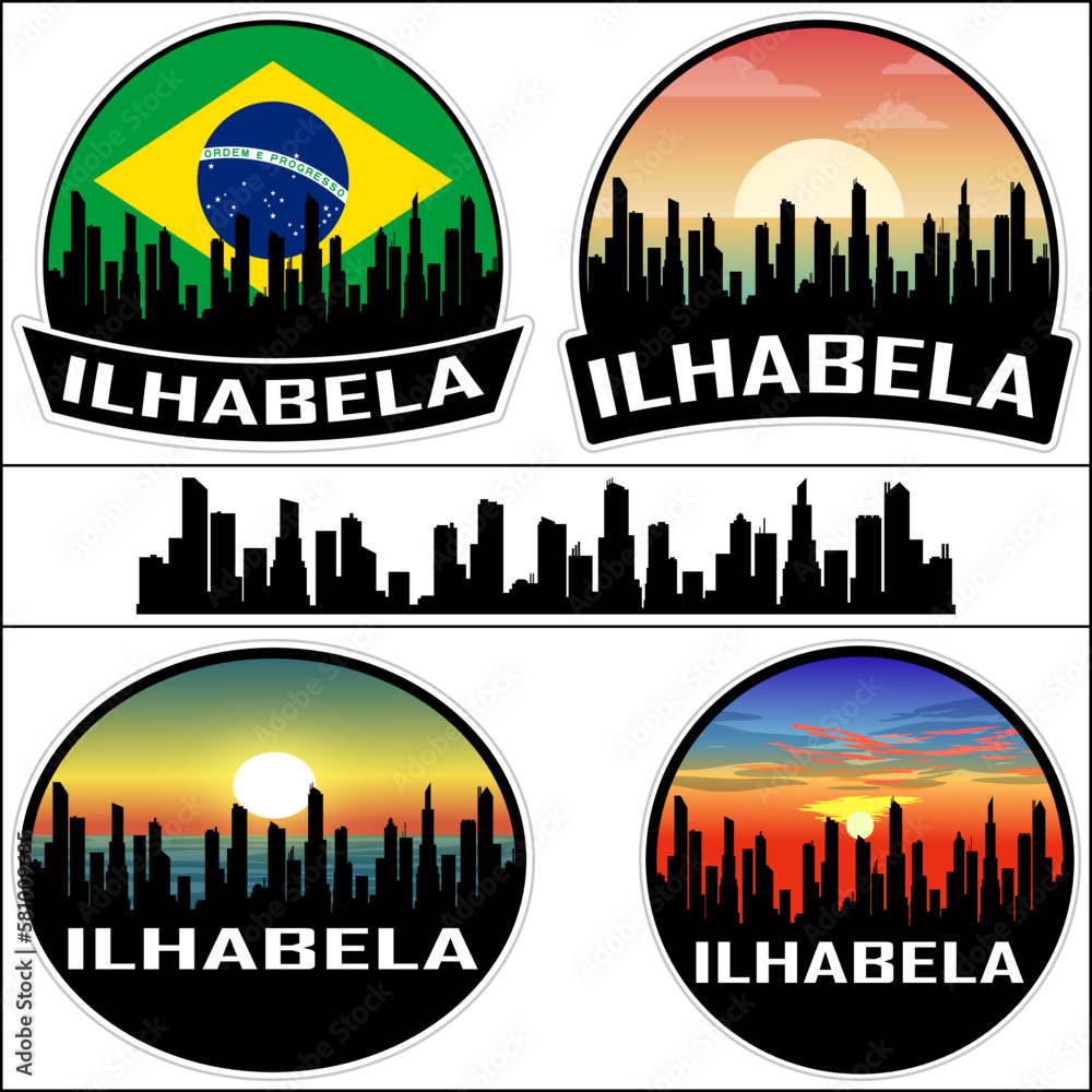 Ilhabela Skyline Silhouette Brazil Flag Travel Souvenir Sticker Sunset Background Vector Illustration SVG EPS AI