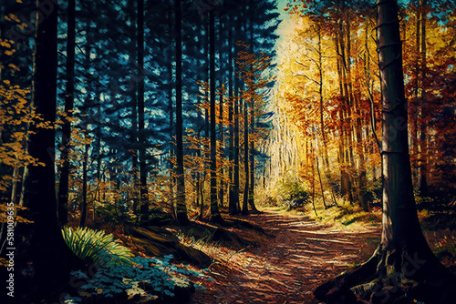Painting of beautiful autumn in the forest