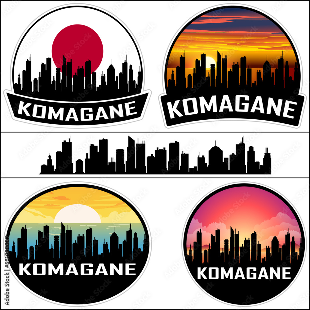 Komagane Skyline Silhouette Japan Flag Travel Souvenir Sticker Sunset Background Vector Illustration SVG EPS AI