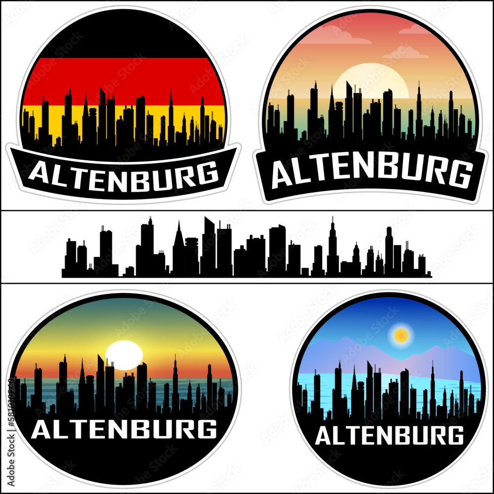 Altenburg Skyline Silhouette Germany Flag Travel Souvenir Sticker Sunset Background Vector Illustration SVG EPS AI
