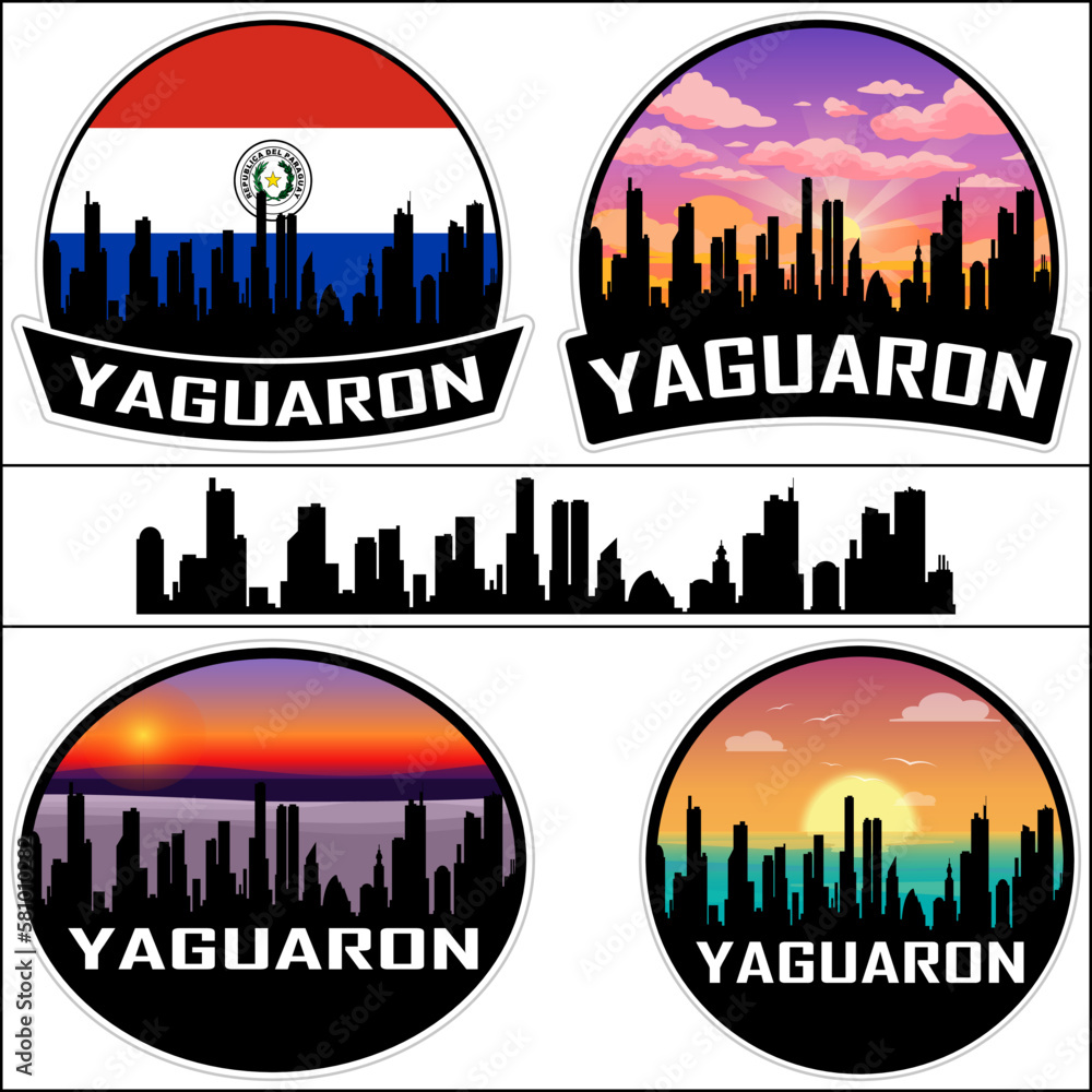 Yaguaron Skyline Silhouette Paraguay Flag Travel Souvenir Sticker Sunset Background Vector Illustration SVG EPS AI