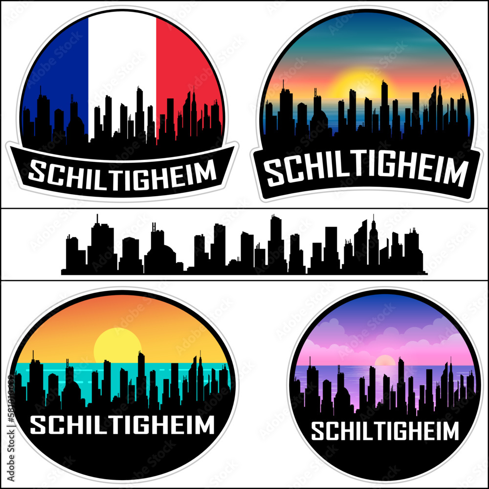 Schiltigheim Skyline Silhouette France Flag Travel Souvenir Sticker Sunset Background Vector Illustration SVG EPS AI