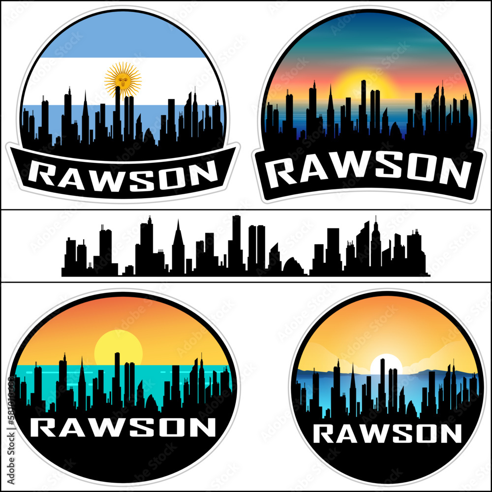 Rawson Skyline Silhouette Argentina Flag Travel Souvenir Sticker Sunset Background Vector Illustration SVG EPS AI