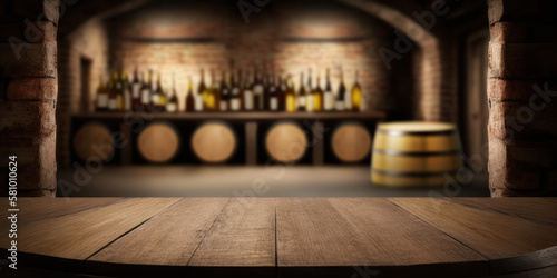 Plateau de table en bois ancien avec fond flou de cave à vin. Table pour présentation de produits vinicoles. Bannière de présentation d'un établissement viticole. photo