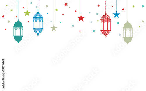 colorful islamic lamp ramadan or ramadhan banner for eid al fitr adha ramzan milad un nabi jumma mubarak background	