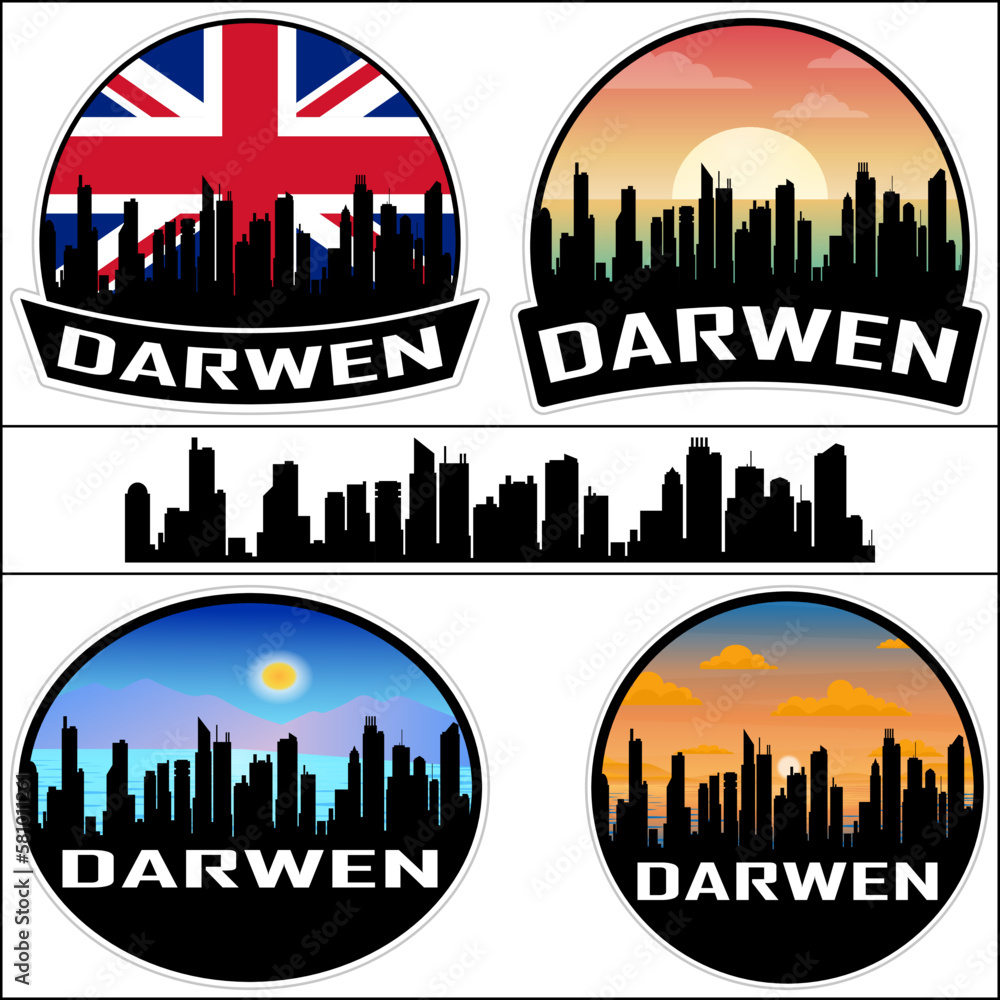 Darwen Skyline Silhouette Uk Flag Travel Souvenir Sticker Sunset Background Vector Illustration SVG EPS AI