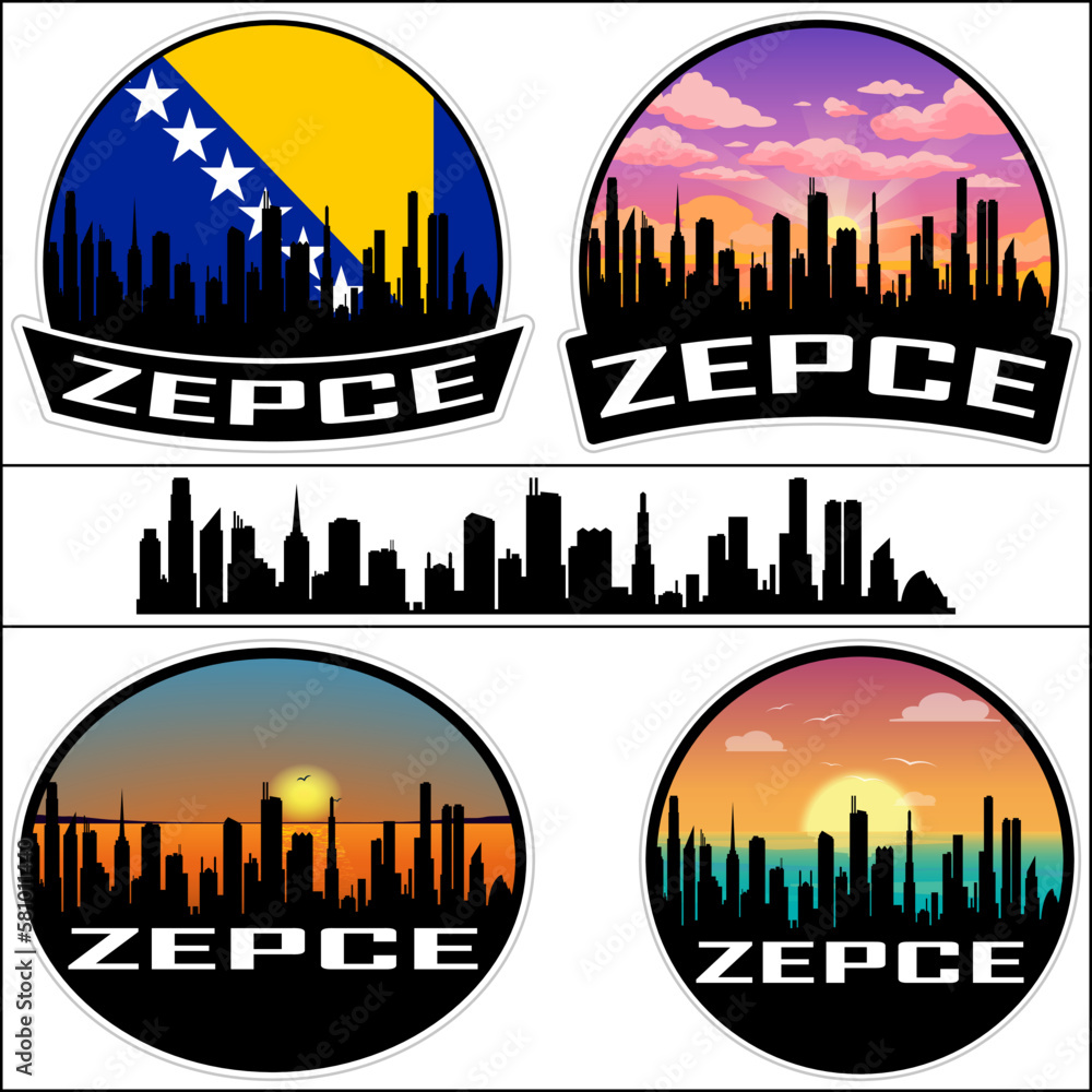 Zepce Skyline Silhouette Bosnia Flag Travel Souvenir Sticker Sunset Background Vector Illustration SVG EPS AI
