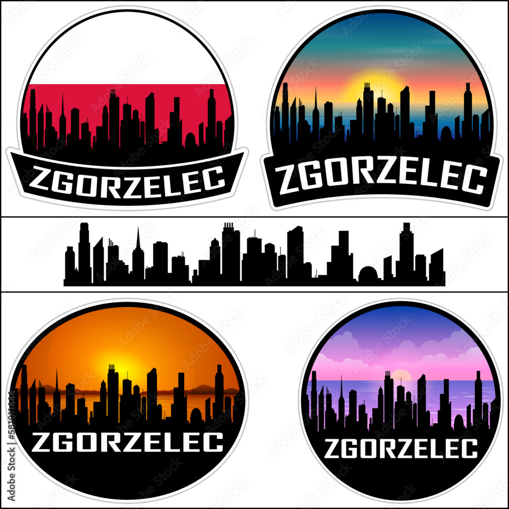 Zgorzelec Skyline Silhouette Poland Flag Travel Souvenir Sticker Sunset Background Vector Illustration SVG EPS AI