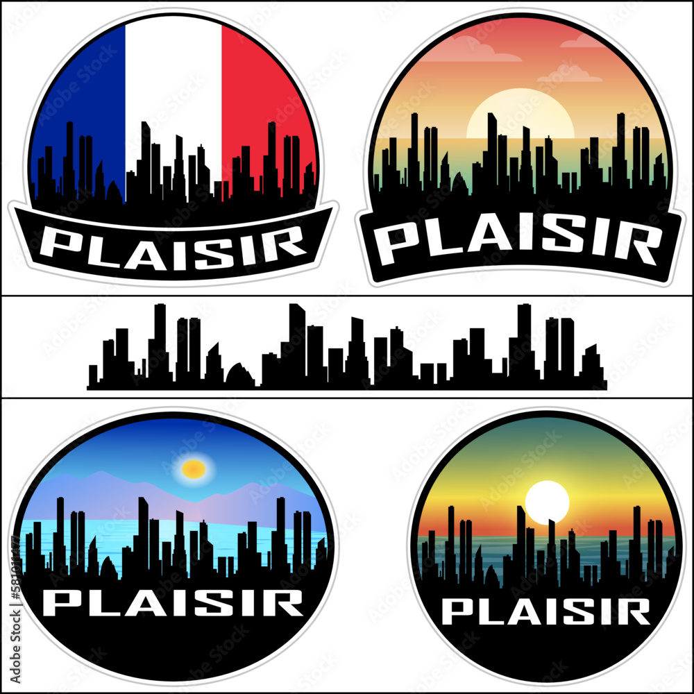 Plaisir Skyline Silhouette France Flag Travel Souvenir Sticker Sunset Background Vector Illustration SVG EPS AI