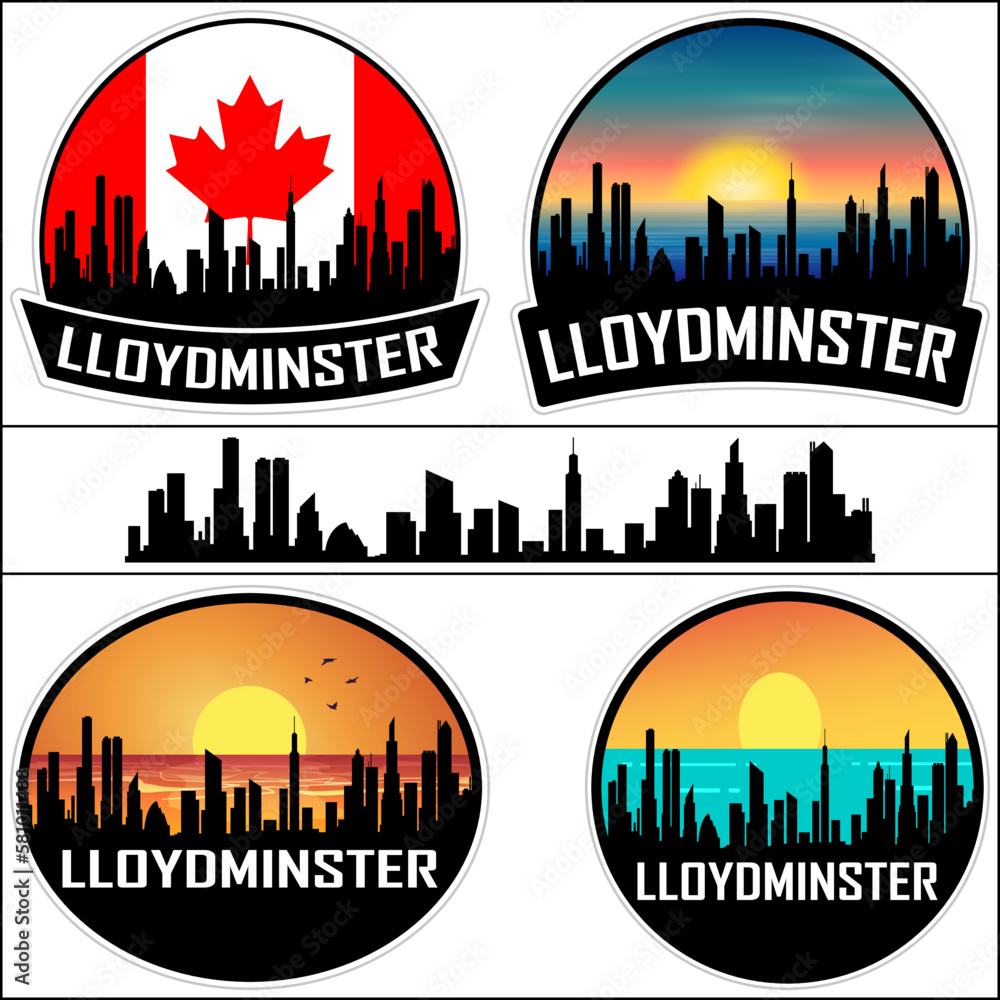 Lloydminster Skyline Silhouette Canada Flag Travel Souvenir Sticker Sunset Background Vector Illustration SVG EPS AI