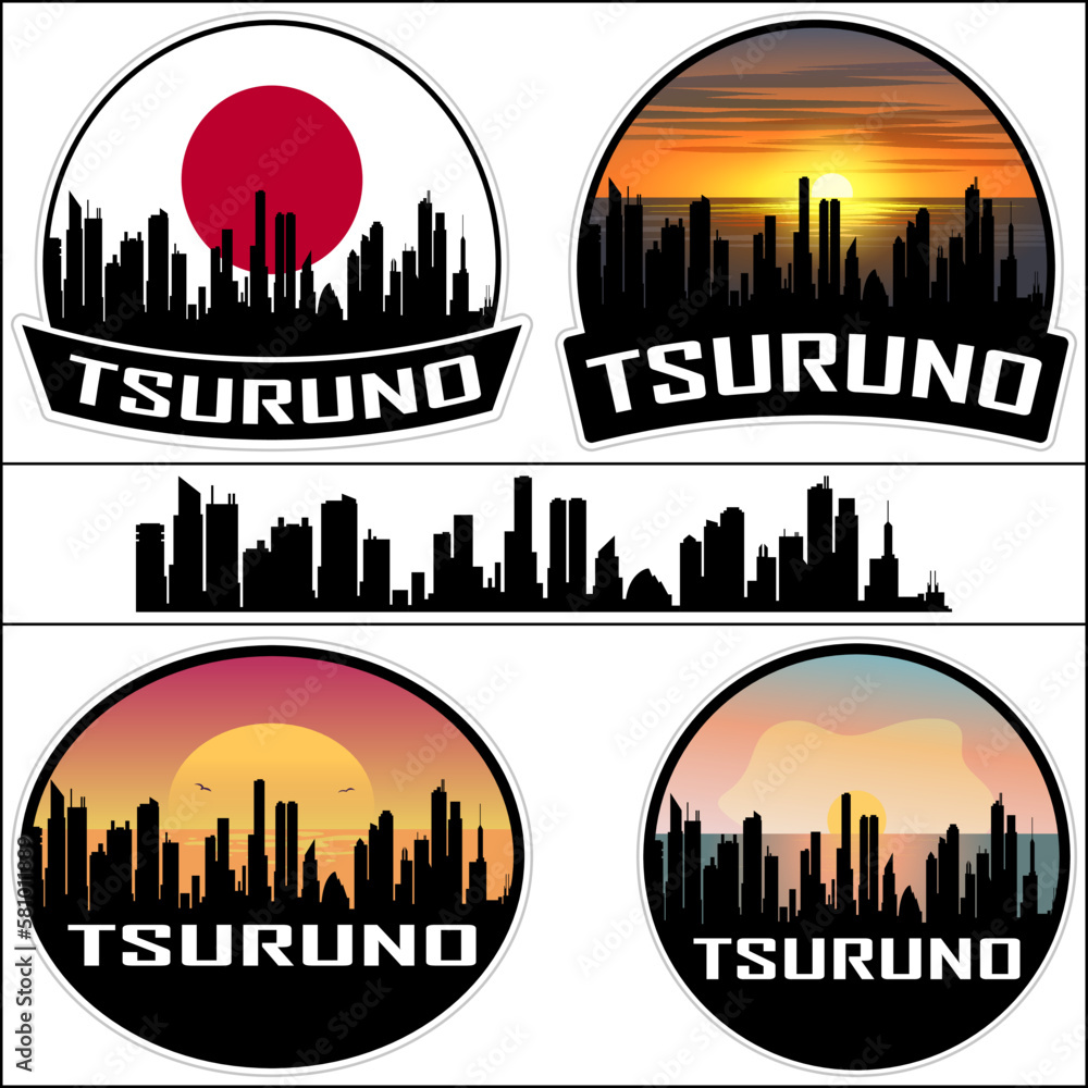 Tsuruno Skyline Silhouette Japan Flag Travel Souvenir Sticker Sunset Background Vector Illustration SVG EPS AI