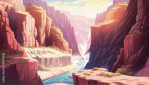 A breathtaking view of a canyon or gorge with towering cliffs on both sides and a river running through the bottom, generative ai illustration