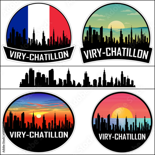 Viry Chatillon Skyline Silhouette France Flag Travel Souvenir Sticker Sunset Background Vector Illustration SVG EPS AI