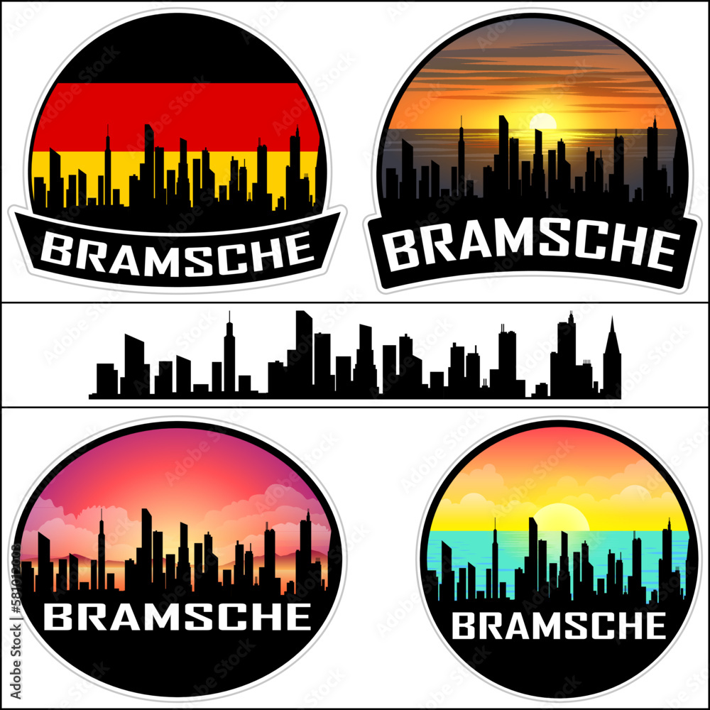 Bramsche Skyline Silhouette Germany Flag Travel Souvenir Sticker Sunset Background Vector Illustration SVG EPS AI