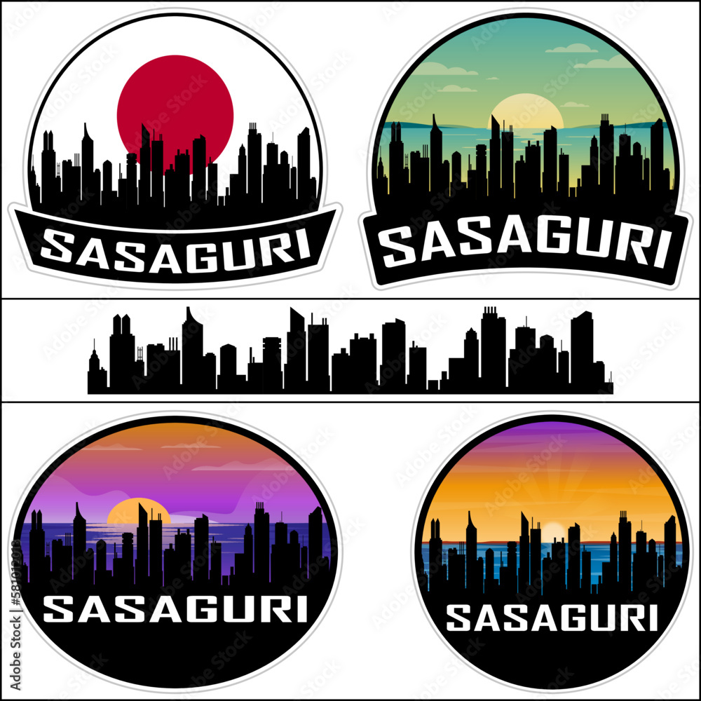 Sasaguri Skyline Silhouette Japan Flag Travel Souvenir Sticker Sunset Background Vector Illustration SVG EPS AI