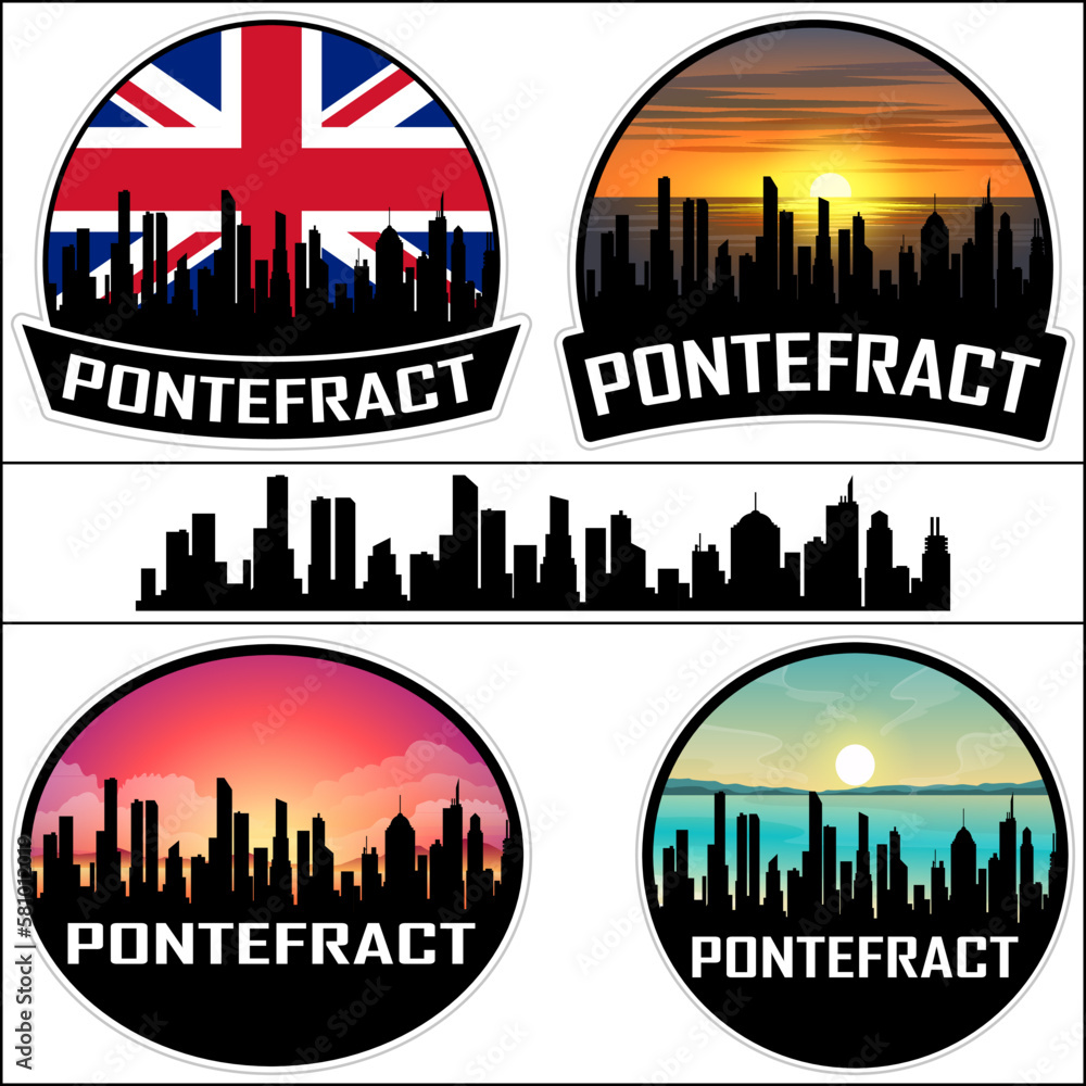 Pontefract Skyline Silhouette Uk Flag Travel Souvenir Sticker Sunset Background Vector Illustration SVG EPS AI