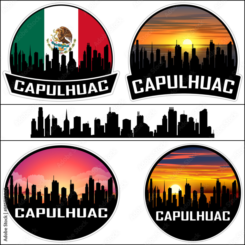 Capulhuac Skyline Silhouette Mexico Flag Travel Souvenir Sticker Sunset Background Vector Illustration SVG EPS AI