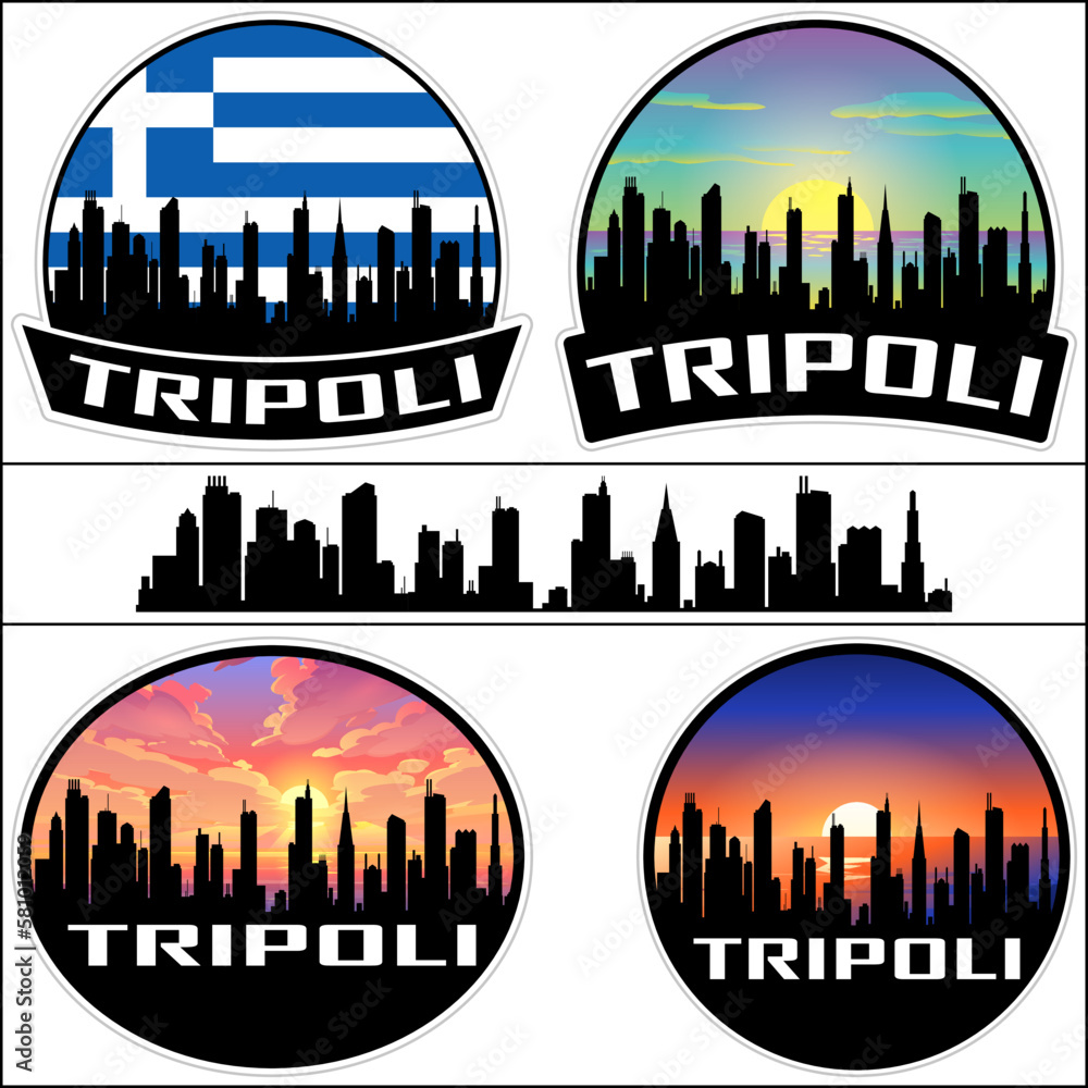 Tripoli Skyline Silhouette Greece Flag Travel Souvenir Sticker Sunset Background Vector Illustration SVG EPS AI