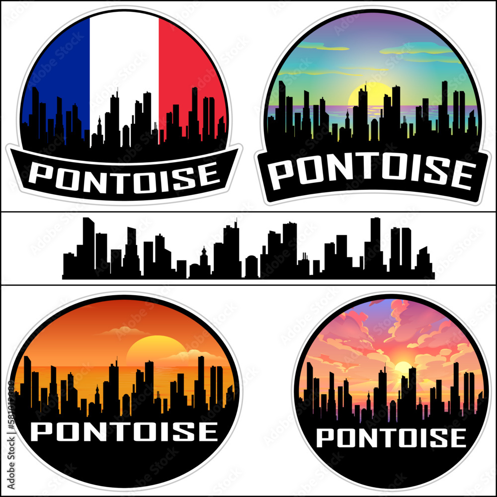 Pontoise Skyline Silhouette France Flag Travel Souvenir Sticker Sunset Background Vector Illustration SVG EPS AI