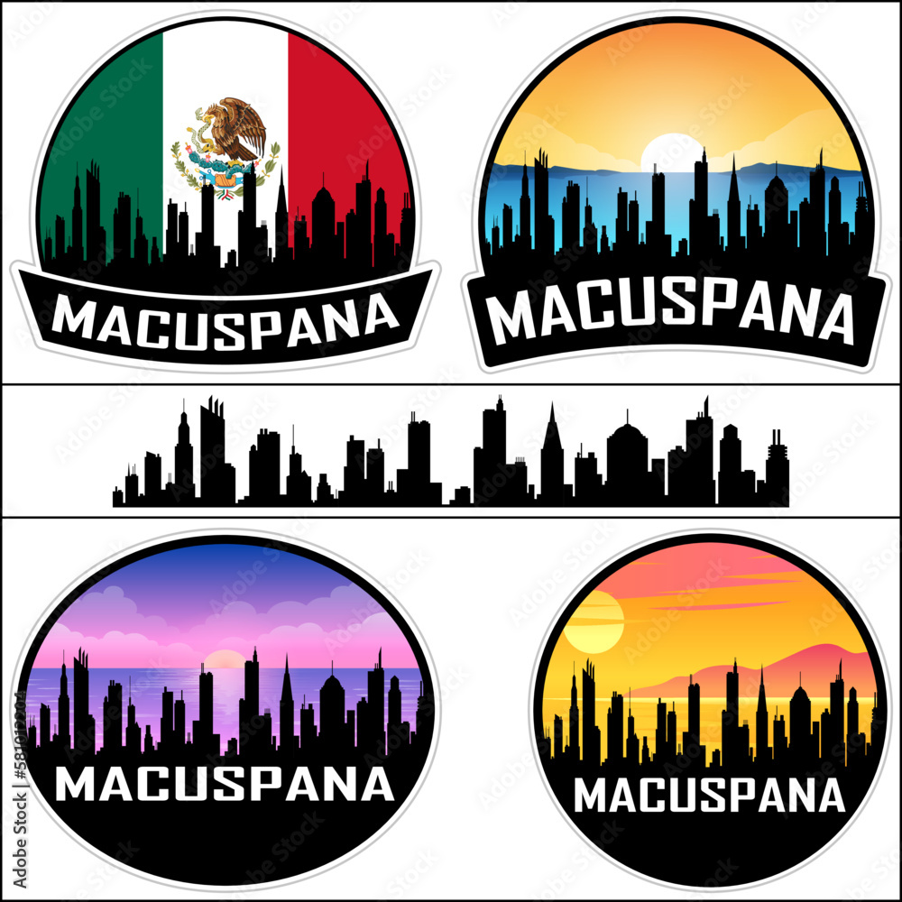 Macuspana Skyline Silhouette Mexico Flag Travel Souvenir Sticker Sunset Background Vector Illustration SVG EPS AI