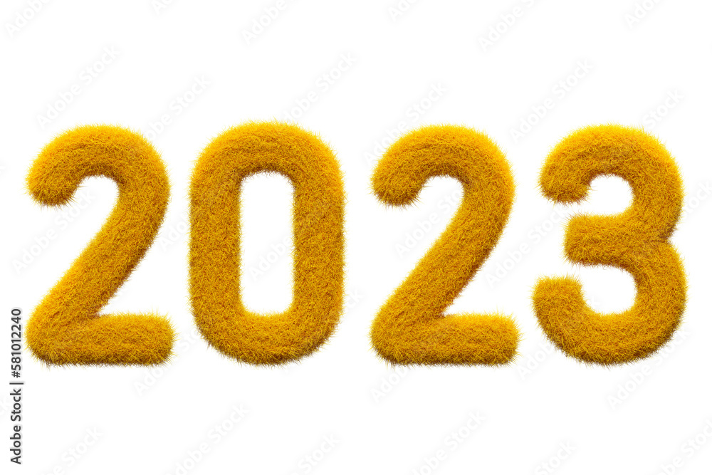 yellow 2023 Number Fur 3D element render, Typography fluffy style yellow 2023 Number Fur 3D element render, Typography fluffy style