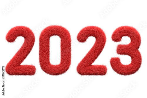 Red 2023 Number Fur 3D element render, Typography fluffy style