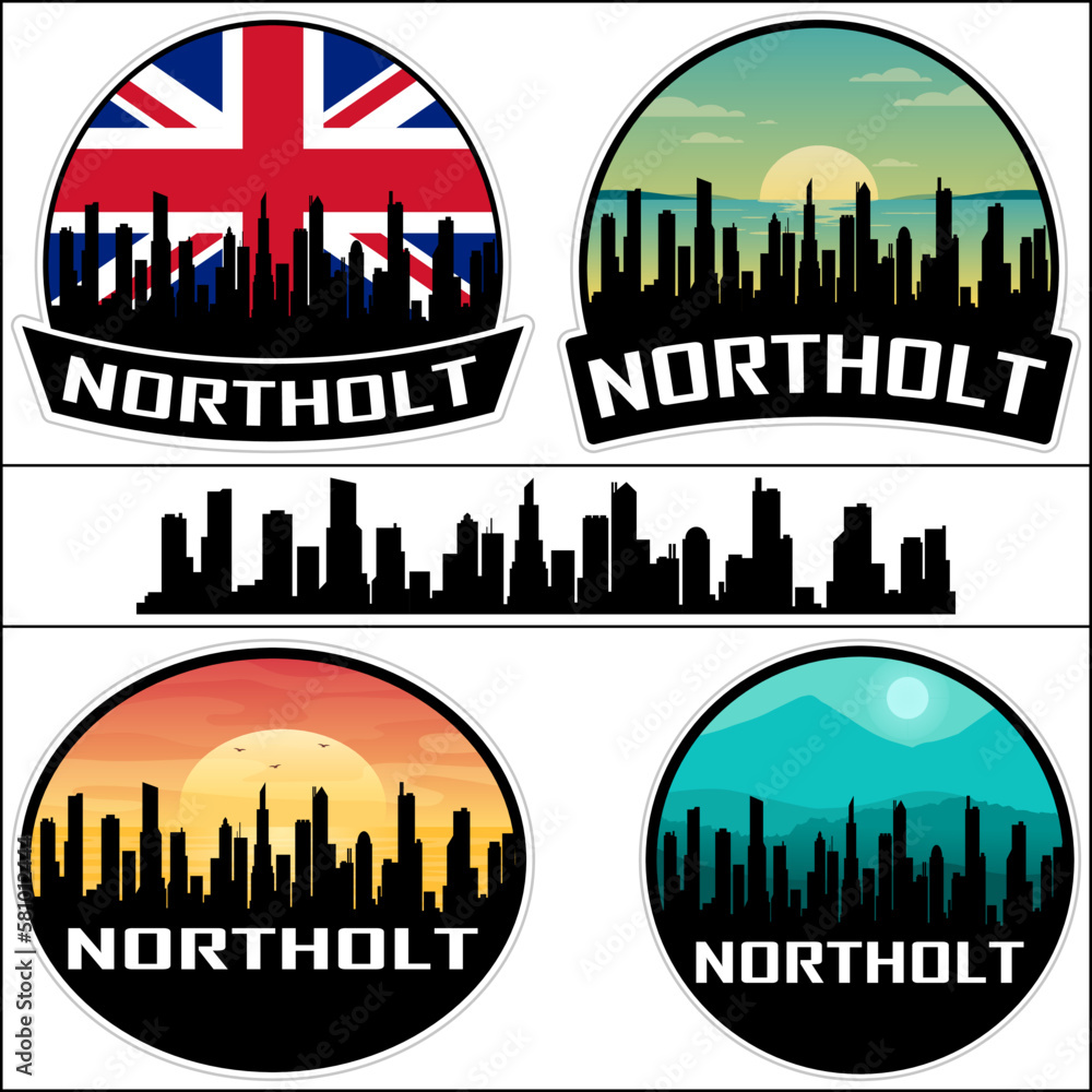 Northolt Skyline Silhouette Uk Flag Travel Souvenir Sticker Sunset Background Vector Illustration SVG EPS AI
