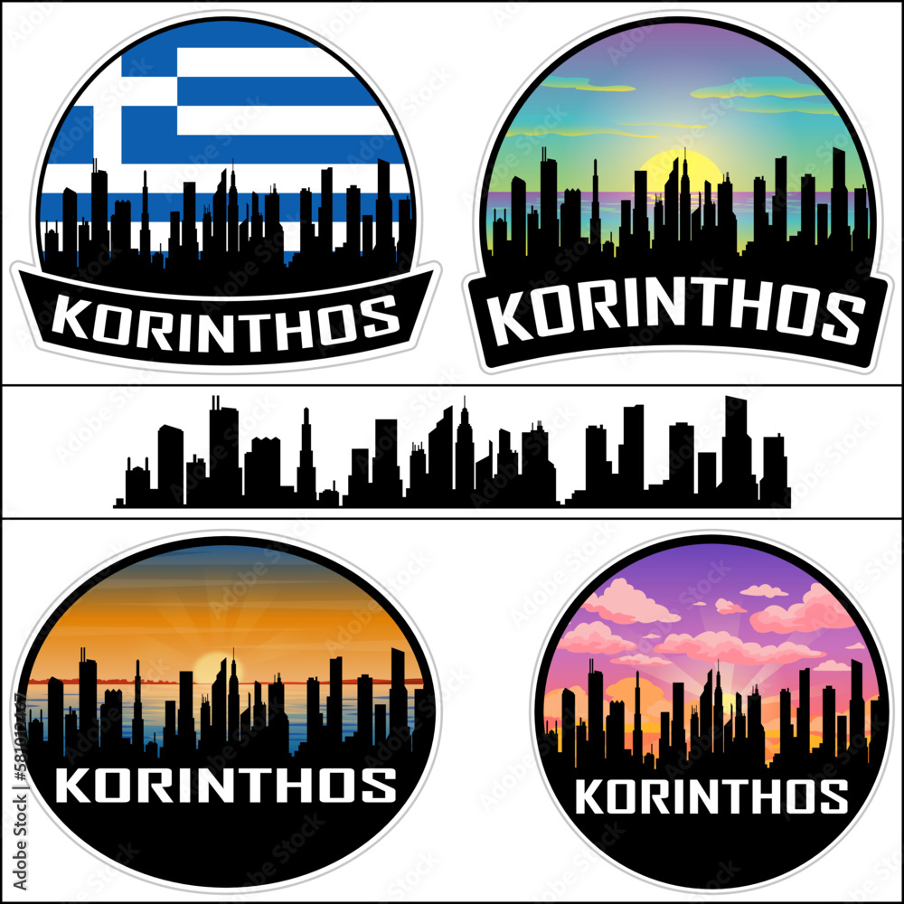 Korinthos Skyline Silhouette Greece Flag Travel Souvenir Sticker Sunset Background Vector Illustration SVG EPS AI