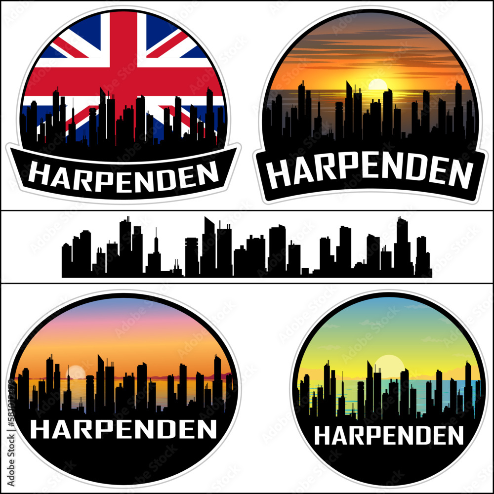 Harpenden Skyline Silhouette Uk Flag Travel Souvenir Sticker Sunset Background Vector Illustration SVG EPS AI