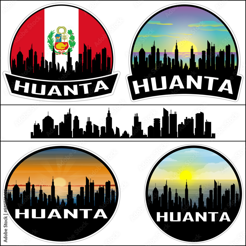 Huanta Skyline Silhouette Peru Flag Travel Souvenir Sticker Sunset Background Vector Illustration SVG EPS AI