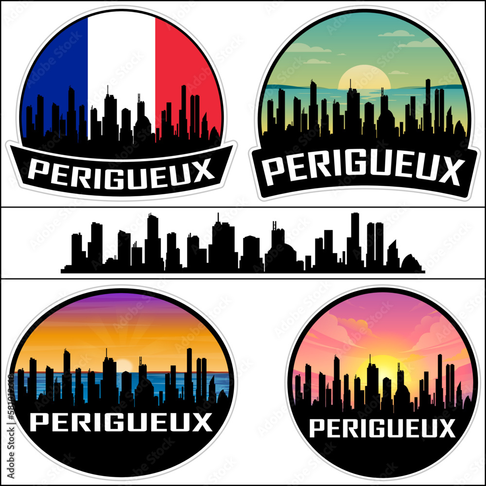 Perigueux Skyline Silhouette France Flag Travel Souvenir Sticker Sunset Background Vector Illustration SVG EPS AI