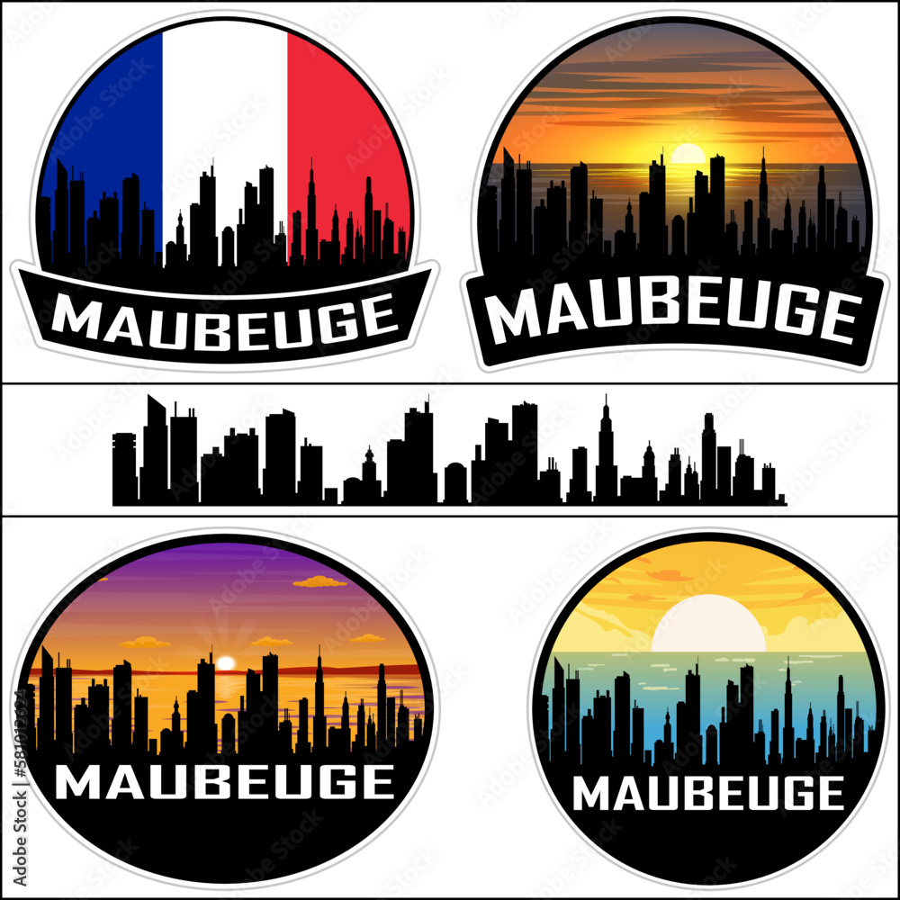Maubeuge Skyline Silhouette France Flag Travel Souvenir Sticker Sunset Background Vector Illustration SVG EPS AI