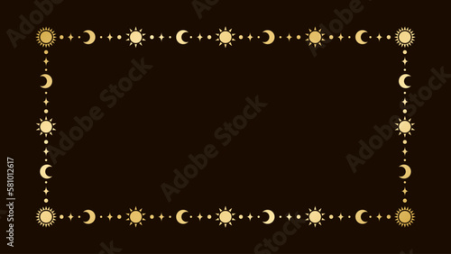 Mystic celestial rectangle golden frame with sun, stars, moon phases, crescents and copy space. Ornate magical background.