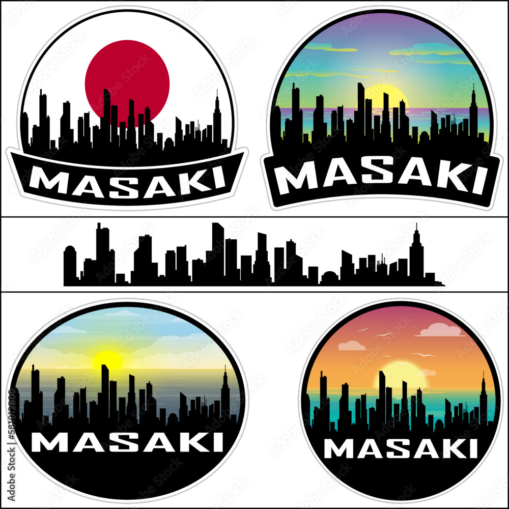 Masaki Skyline Silhouette Japan Flag Travel Souvenir Sticker Sunset Background Vector Illustration SVG EPS AI