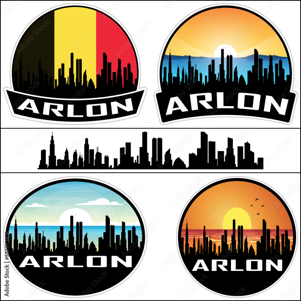 Arlon Skyline Silhouette Belgium Flag Travel Souvenir Sticker Sunset Background Vector Illustration SVG EPS AI