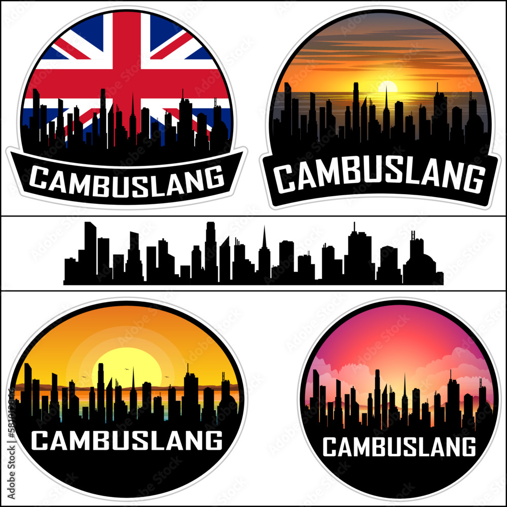 Cambuslang Skyline Silhouette Uk Flag Travel Souvenir Sticker Sunset Background Vector Illustration SVG EPS AI