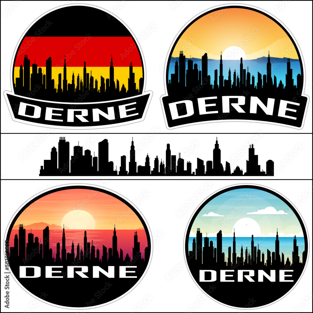 Derne Skyline Silhouette Germany Flag Travel Souvenir Sticker Sunset Background Vector Illustration SVG EPS AI
